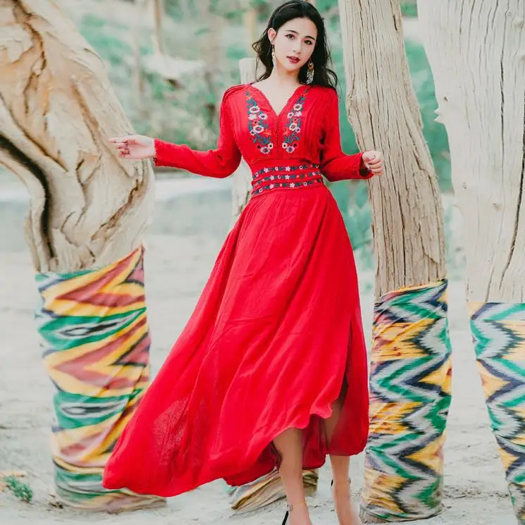 Женское однотонное платье макси в стиле бохо с вышивкой винтажные пляжные платья