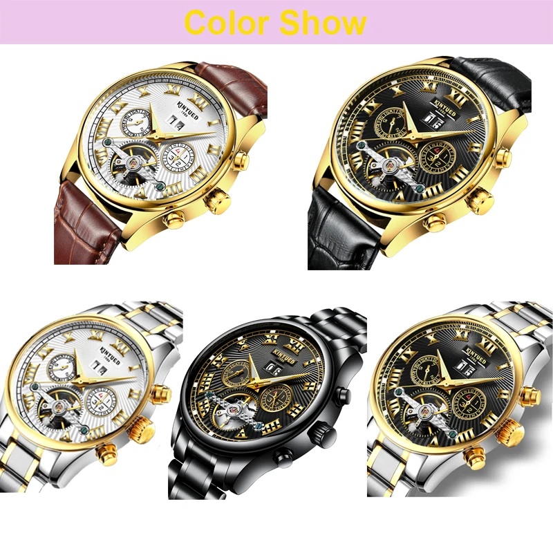 KINYUED черные Автоматические Мужские механические часы Tourbillon полностью Стальные