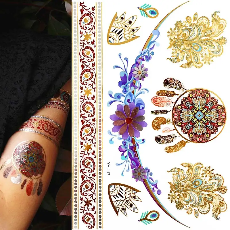 YH117 Boho Цветочные Временные Тату-металлик Цвета Золото Серебро металлик(1 лист - Цвет: YH117