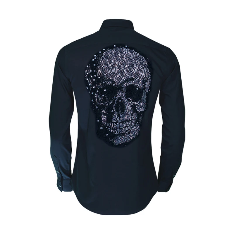 Crystal Skull men Shirt Square collar Full sleeve Slim Casual shirts male high quality 100% pure Cotton clothing Camisa