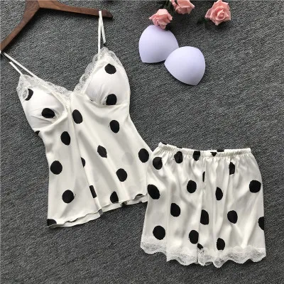 white Daeyard модные пижамы в горошек для женщин домашняя одежда Шелковый пижамный комплект Сексуальная атласная пижама Милая летняя Пижама с нагрудными накладками - Цвет: white
