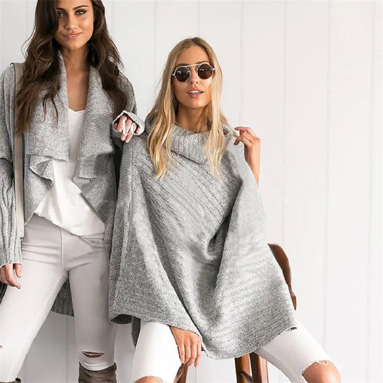 Pullovers Scarf collar Batwing Sleeve Wool Sweater women loose long sleeve Knitted casual solid Fashion cloak cape sweaters | Женская