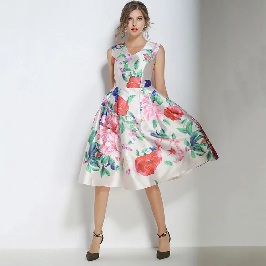 2017 новое модное летнее платье Европейский женский винтажный цветочный принт без