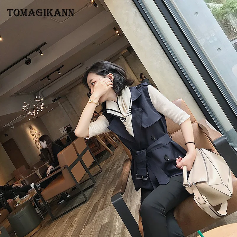 2018 Повседневное одноцветное двубортное погон пояс Для женщин жилет пальто