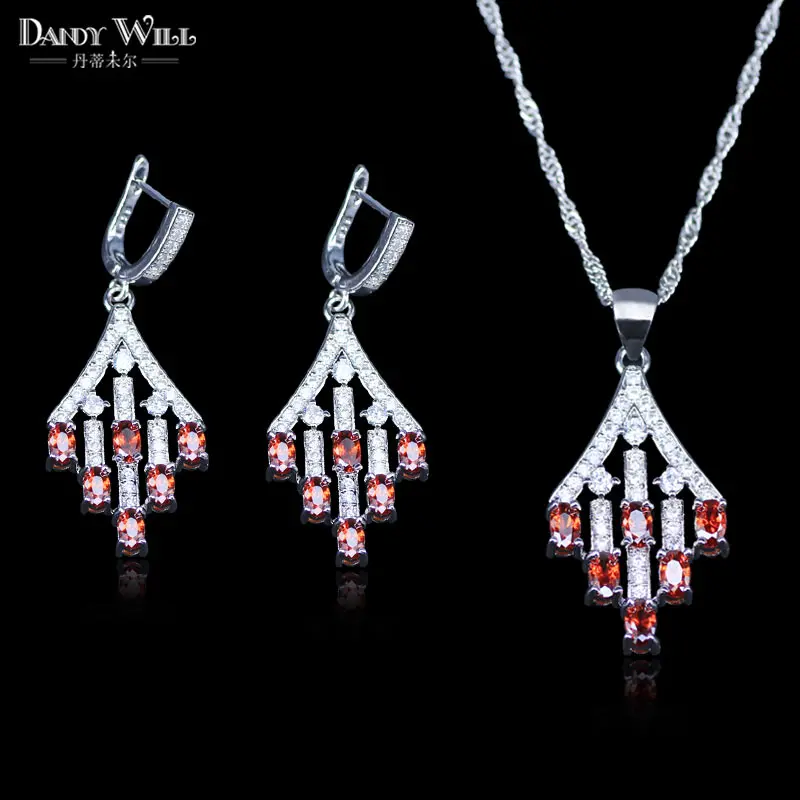Red Created Garnet White Zircon Princess Wedding Jewelry Set Silver Color Women Earrings Necklace Pendant Best Present | Украшения и