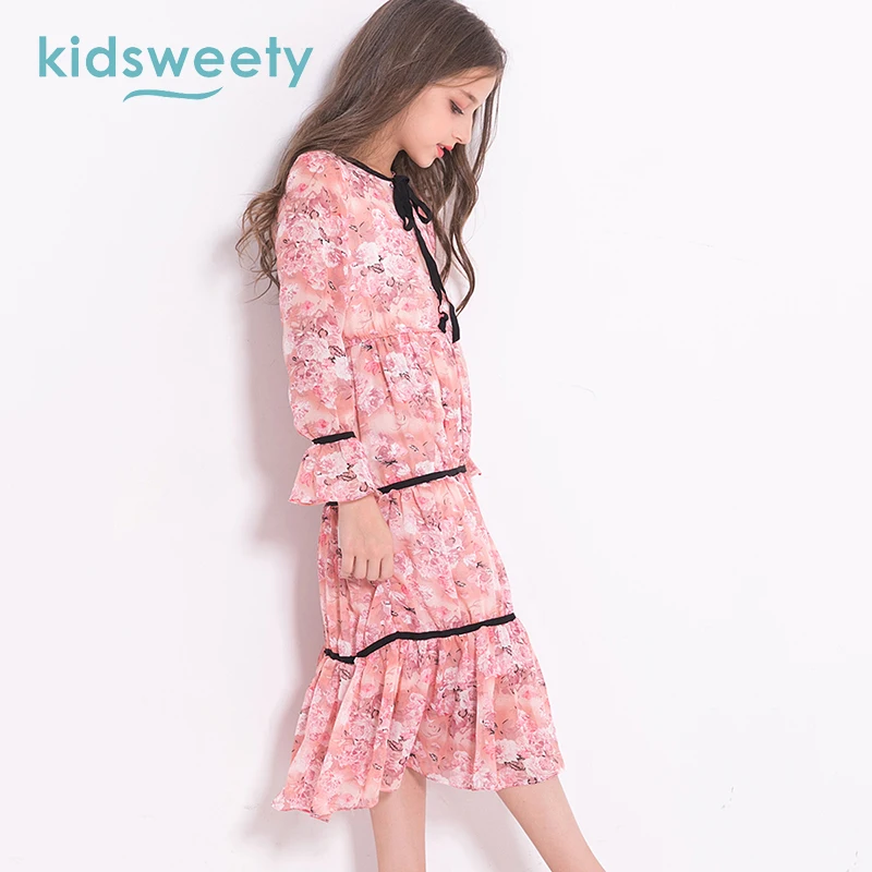 Kidsweety Детские платья для девочек розовый с длинным рукавом Высокая Талия пуловер