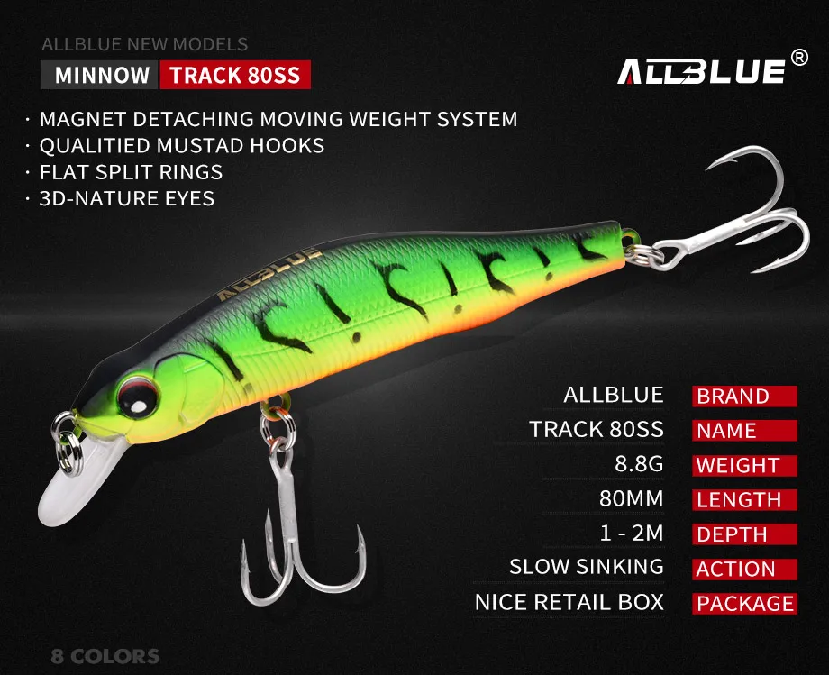 ALLBLUE TRACK 80SS 80 мм 8,8 г, профессиональный воблер, медленно погружающийся гольян, глубина 1-2 м, приманка для ловли окуня, щука, искусственные приманки