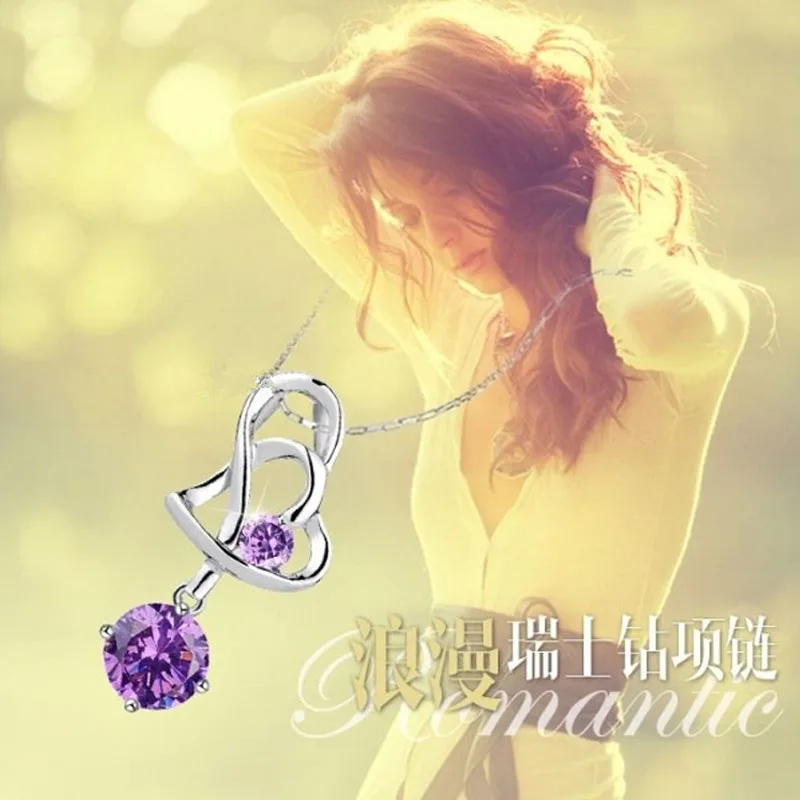 Кулон с двойным сердцем подвеска кристаллами ожерелье серебряным покрытием