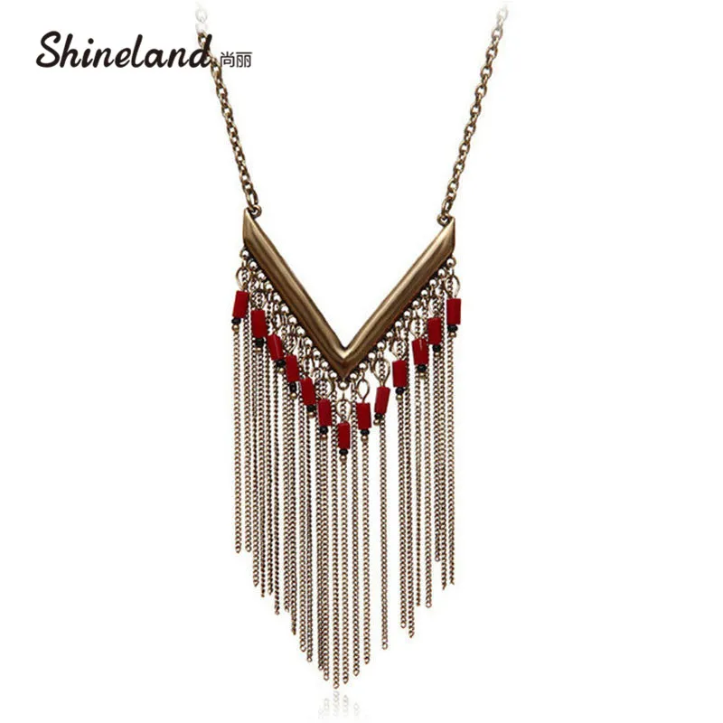 Bobo ожерелье с длинной кисточкой винтажный стиль античный золотой цвет красный