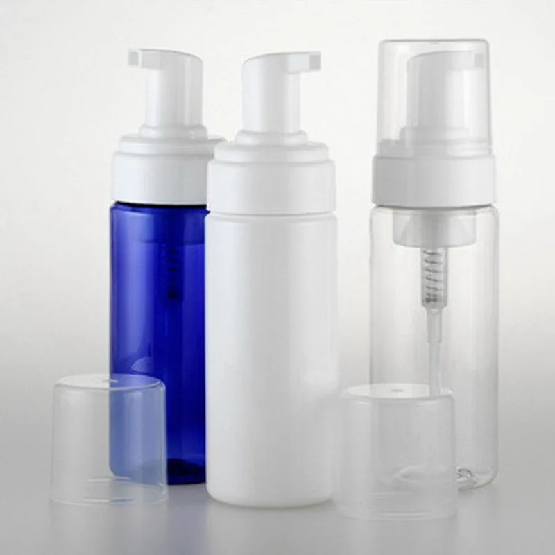 

5pcs/Lot Lotion Dispenser Pump, White Blue Clear with Overcap Clear 150ml Empty PET Vacuum Refillable Bottle Foaming Bubble Foam