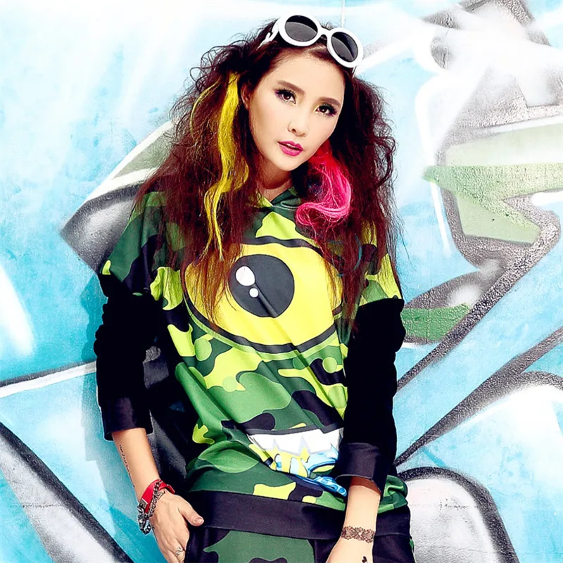 Женские камуфляжные толстовки с капюшоном рисунком зеленого глаза длинным