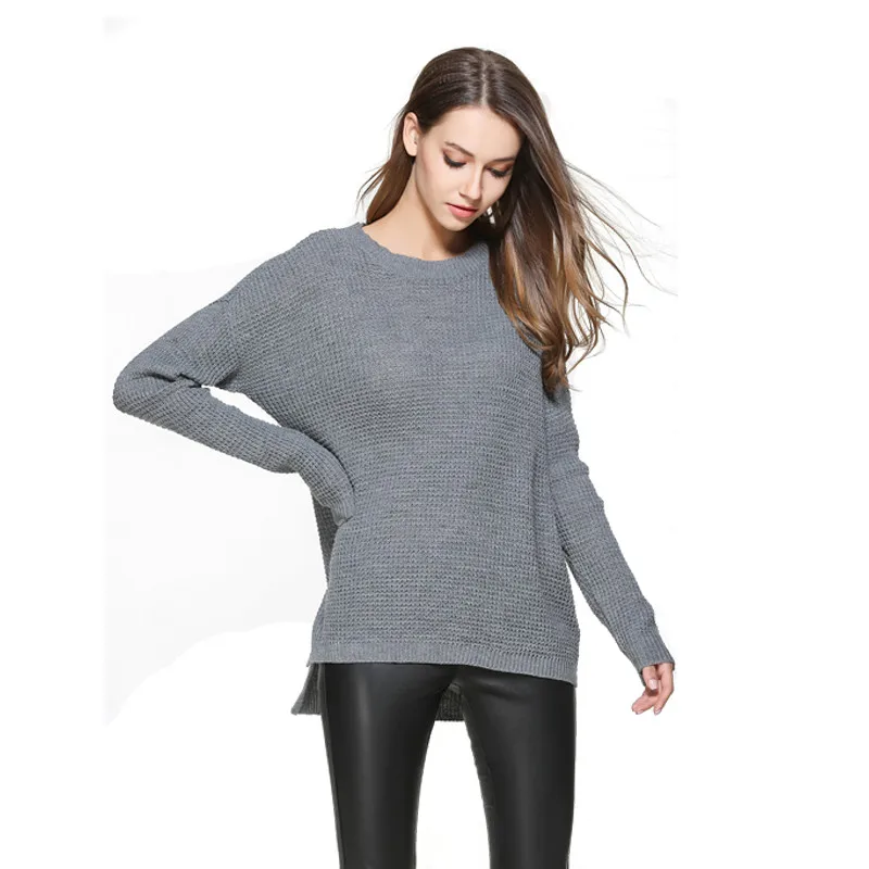 Women Autumn Knitwear Sweater O-Neck Long Sleeve Shirt Solid Casual Knit Pullovers Side Slits Large Size Sweaters | Женская одежда