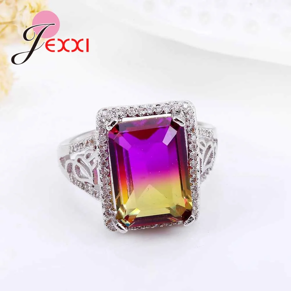 

New Rectangle Rainbow Austrian Crystal Wedding 925 Sterling Silver Rings For Women Accessory Party Finger Ring Jewelry