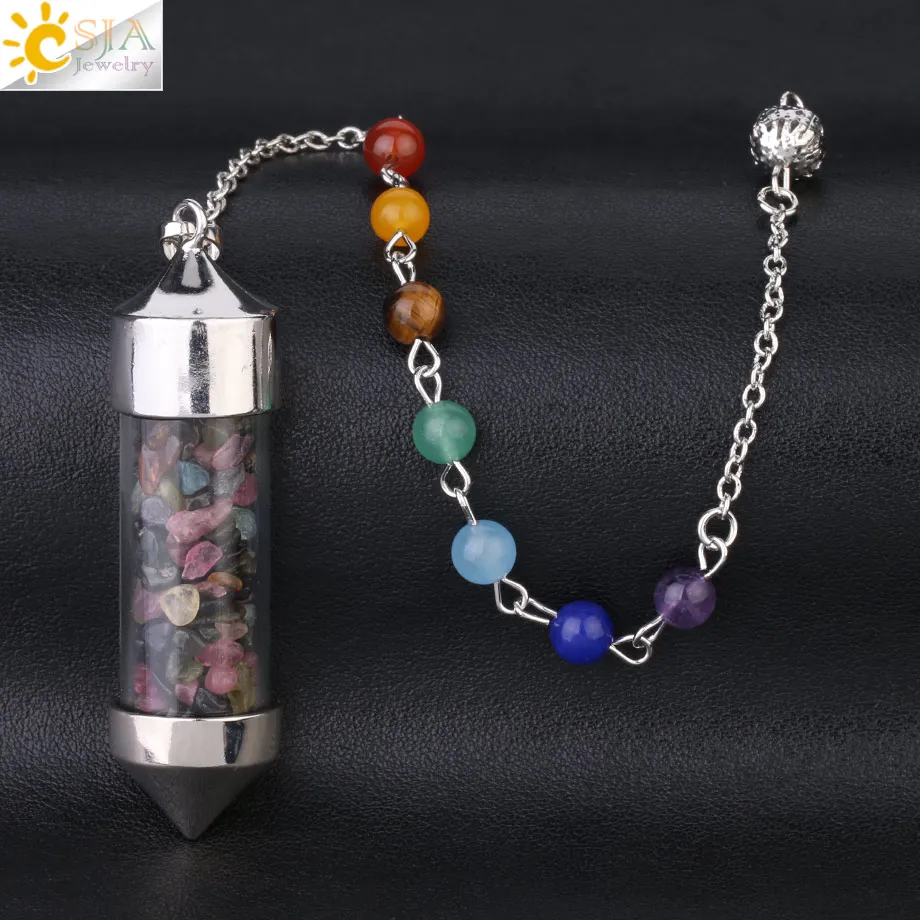 Colorful Tourmaline CSJA Новое поступление 7 Чакра Желая бутылка маятник рейки натуральный чип камень кулон ожерелье для женщин мужчин гадания амулет F976 - Окраска металла: Colorful Tourmaline