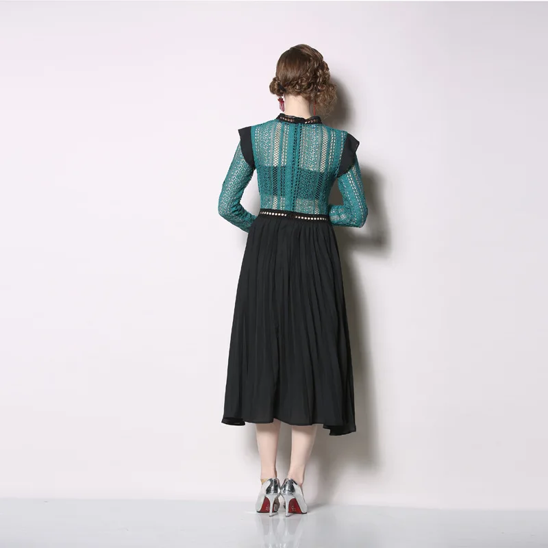 M-3XL весенне-летнее женское платье черное плиссированное с воротником и рюшами на