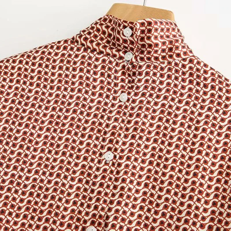 Для женщин лук шеи блузка рубашка с длинными рукавами принт красные женские