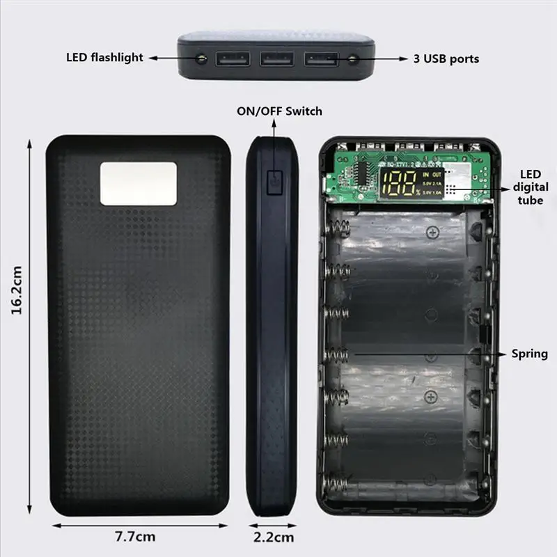 Чехол для электростанции, черный, 5 В, 2 А, 3 USB светодиодный фонарик, экран дисплея, прочная противоскользящая обработка для различных моделей мобильных телефонов