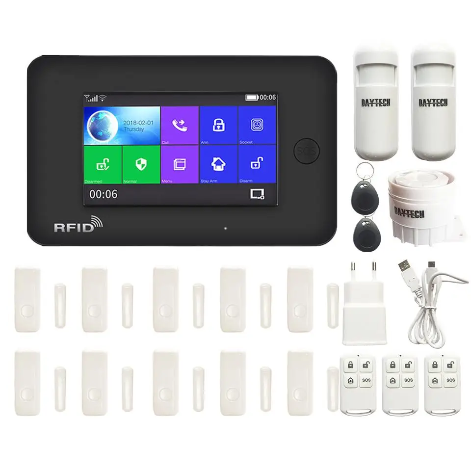 DAYTECH WiFi GSM сигнализация, система безопасности, ЖК-дисплей, цветной сенсорный экран, беспроволочная домашняя система DIY, GSM система, 8 языков, детектор движения, пожарный датчик - Цвет: TA03-Kit4