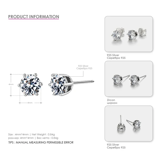 EMER006-1 silver 4mm E-манко 925 Серебряные серьги для Для женщин стерлингового серебра тонкие серьги ювелирные изделия 3-10 мм циркония серьги Femme подарок - Окраска металла: EMER006-1 silver 4mm