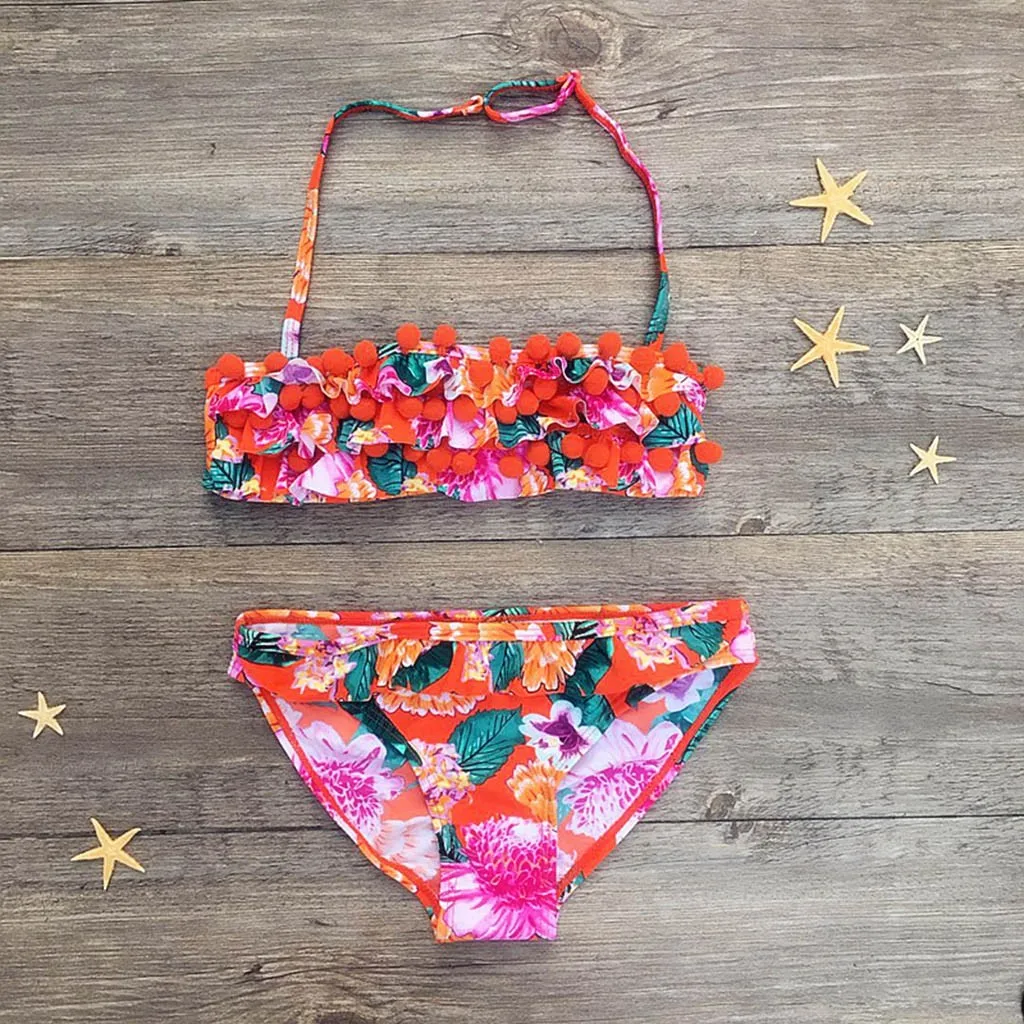 Детский купальник для маленьких девочек комплект бикини с оборками и помпонами