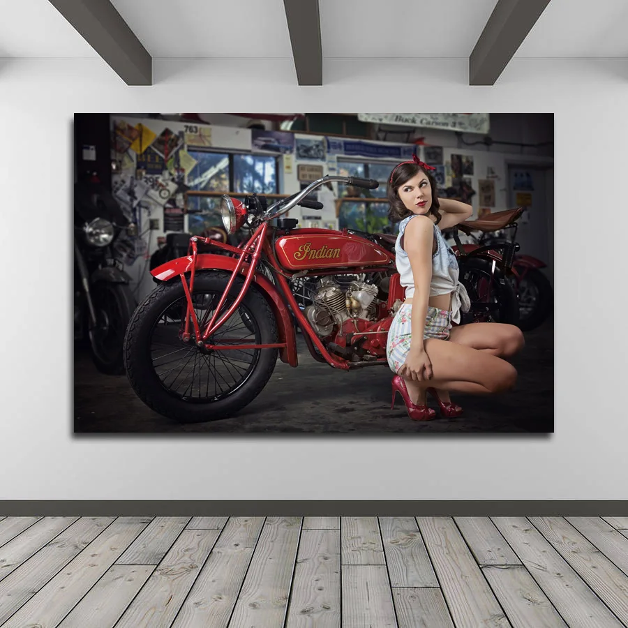 В байкерском стиле в ретро и с изображением девушке пин ап фоновый рисунок