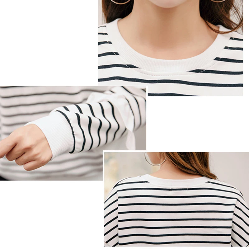 Gkfnmt Striped Petal Sleeve Floral Tshirt 2018 Autumn T Shirt Women Long Tee Femme Loose O-Neck Korea Top | Женская одежда