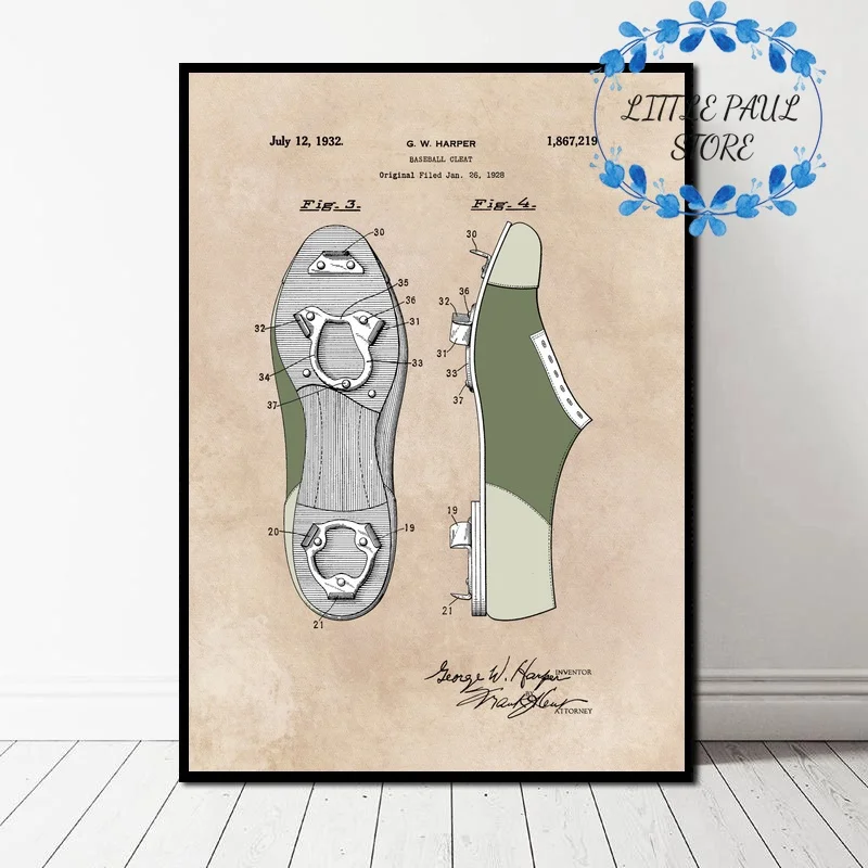 Патент Бейсбол обувь летучая мышь и варежки Винтаж Ретро Художественный Холст