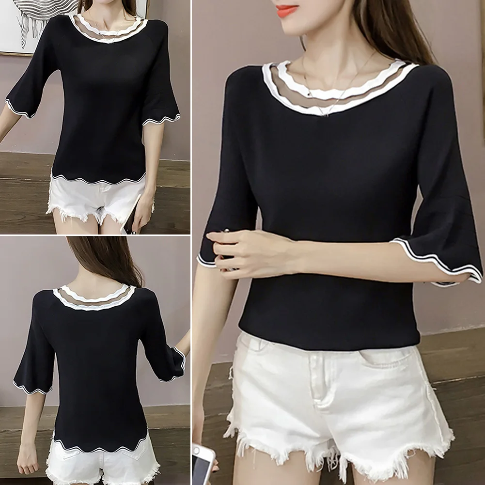 Корейские Демисезонные женские шею вязать одежда с расклешенными рукавами