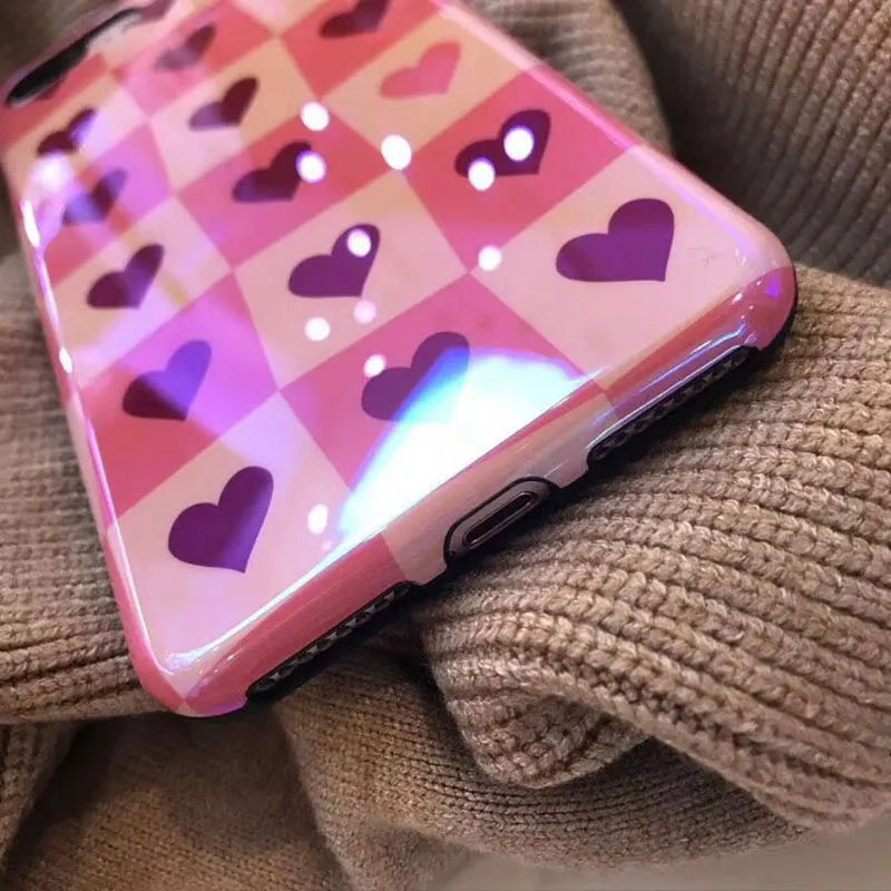 Boucho Blu-ray Glossy Phone Case For iphone 8 Cases X 6 6s 7 Plus Soft Silicone Lattice Love Heart Pattern Back Cover |