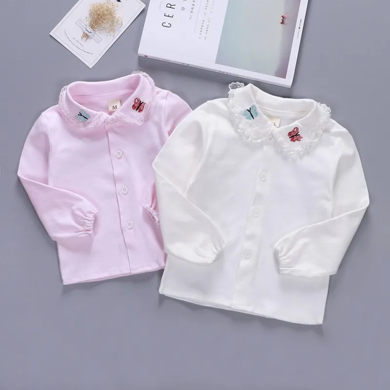 Осенние хлопковые рубашки для маленьких девочек блузка с вышивкой бабочки топы