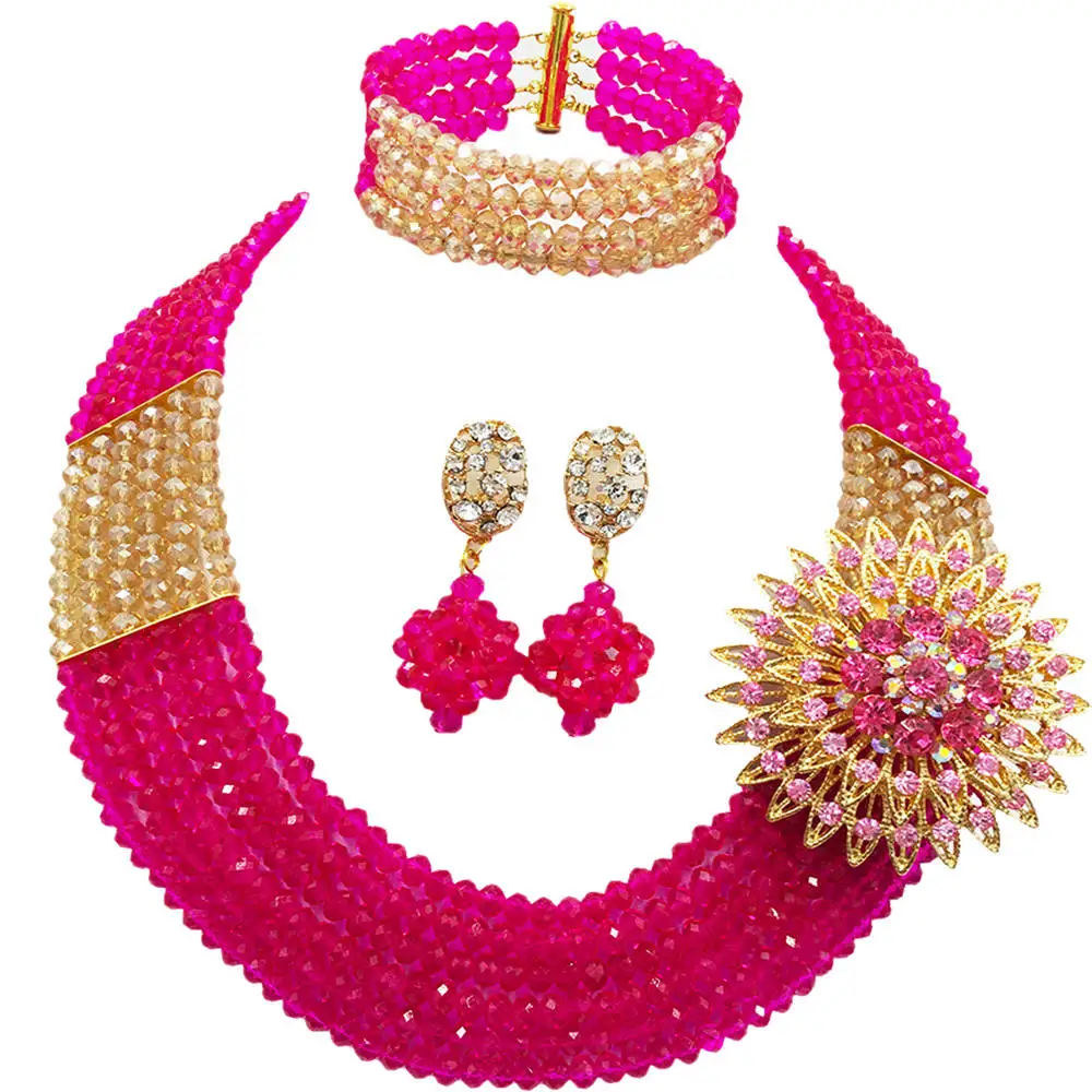 Ярко розовый Золотой AB нигерийский комплект ювелирных изделий из бисера