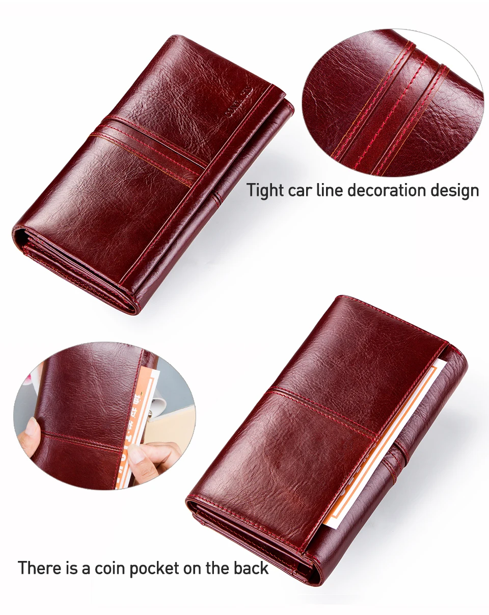 Contact's Genuine Leather Wallet Women Wallet Credit Card Holder Female Purse Organizer Walet Women Clutch Bag Red Green Long