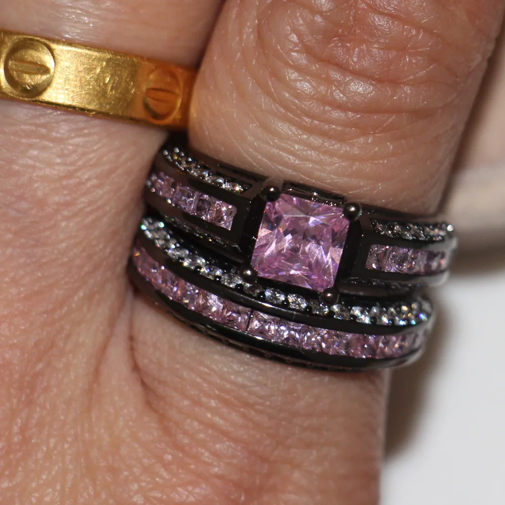 Victoria Wieck Handmade wedding band rings Set for women 5A Pink Zircon stone Cz 10KT Black Gold Filled Female Anniversary Ring | Украшения