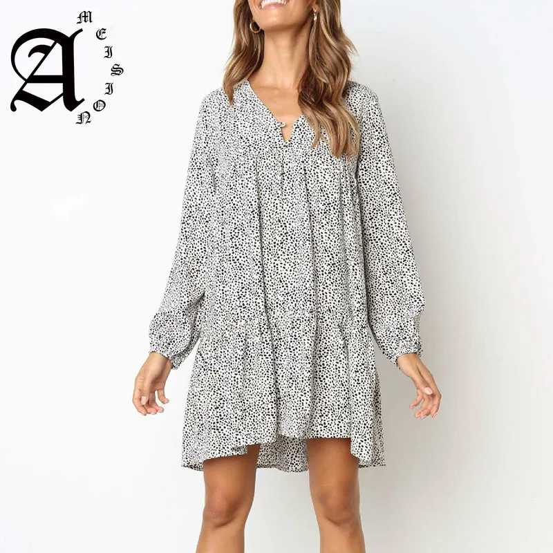 Ameision women Dress 2019 Spring Summer New Irregular Dot Print Mini Women Long Sleeve Casual Elegant Ladies Dresses | Женская одежда