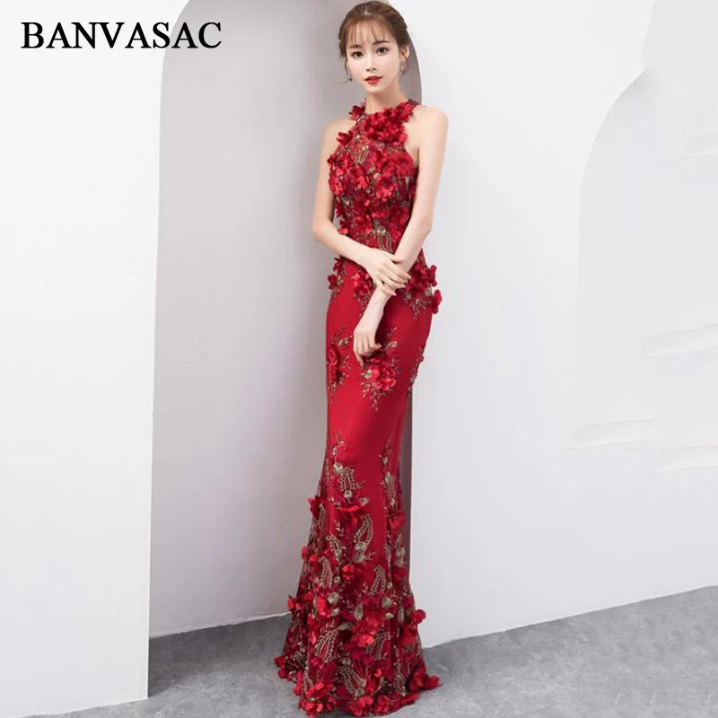 BANVASAC Длинные вечерние платья с цветочной аппликацией кружевное платье лямкой на