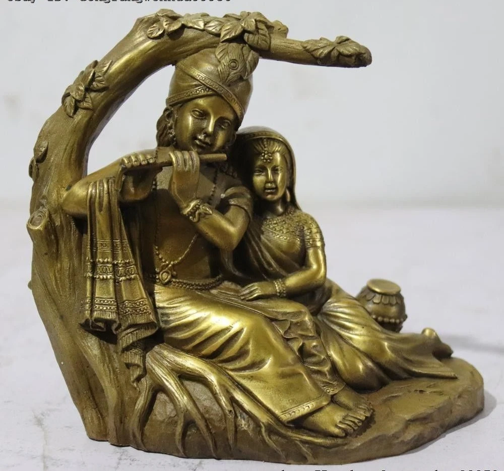 Китайский народный латунный медный стул счастье мать дочь Blow Hsiao статуя|Статуи и