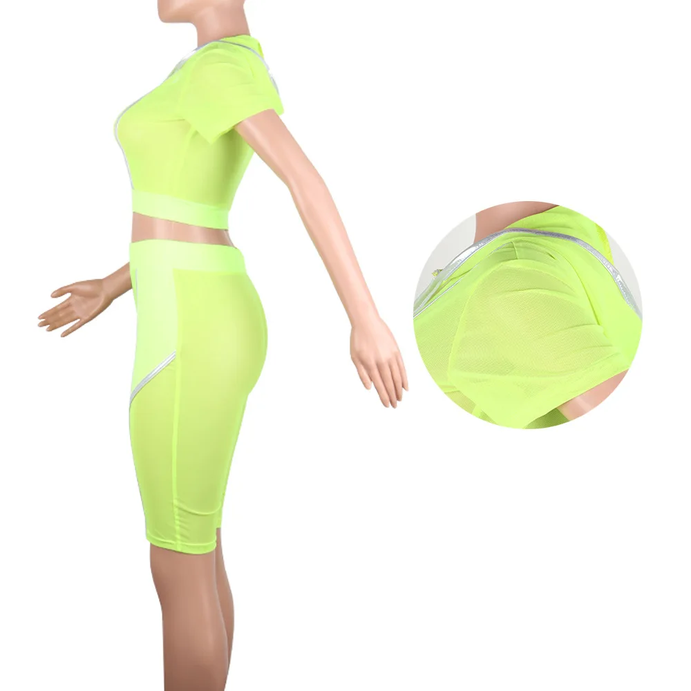 Флуоресцентный желтый женский спортивный костюм из двух предметов в полоску