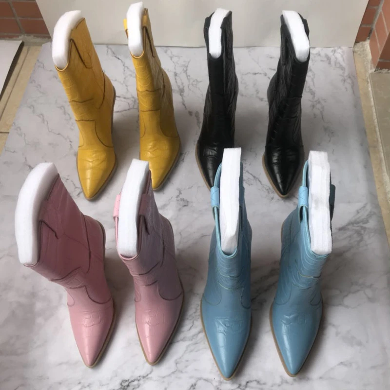 BuonoScarpe/ботинки в ковбойском стиле из крокодиловой кожи; Botas Mujer; ковбойские ботинки для женщин; дизайнерские ботинки до середины икры на массивной танкетке;