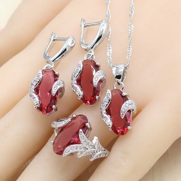 3PCS 925 серебряные ювелирные наборы для женщин красное полудрагоценное ожерелье кулон серьги кольцо браслет свадебные ювелирные изделия подарок на день рождения - Окраска металла: 3PCS