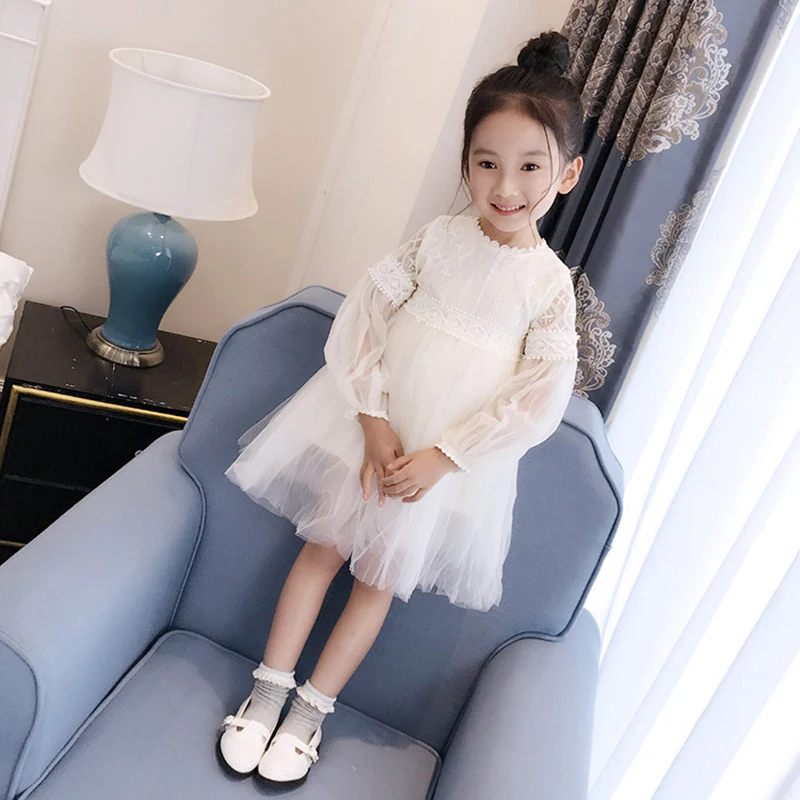 Nerlero/платье для девочек Милое кружевное однотонное детское платье с длинными