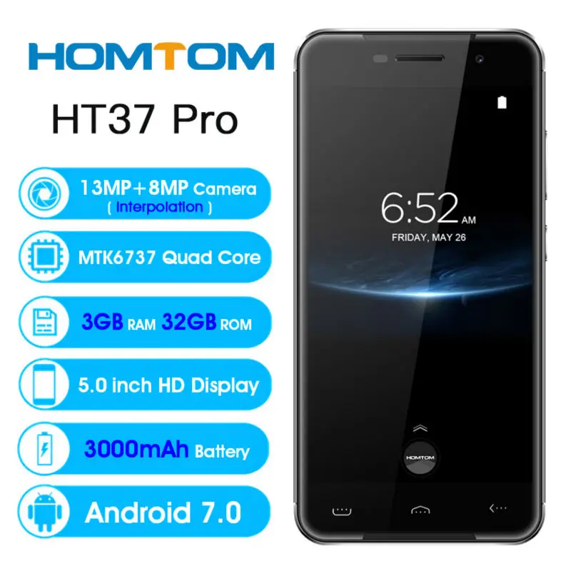 Homtom HT37 pro смартфон с четырёхъядерным процессором MTK6737 ОЗУ 3 ГБ ПЗУ 32 13 МП 3000 мАч Android