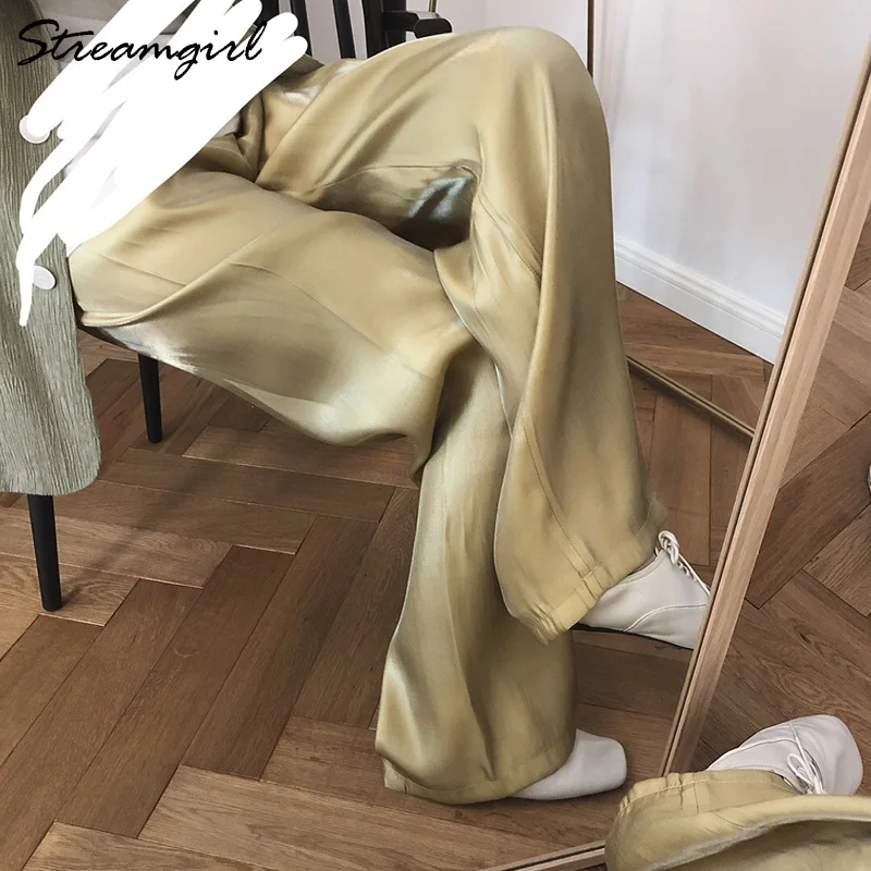 Брюки женские атласные с широкими штанинами повседневные Широкие штаны