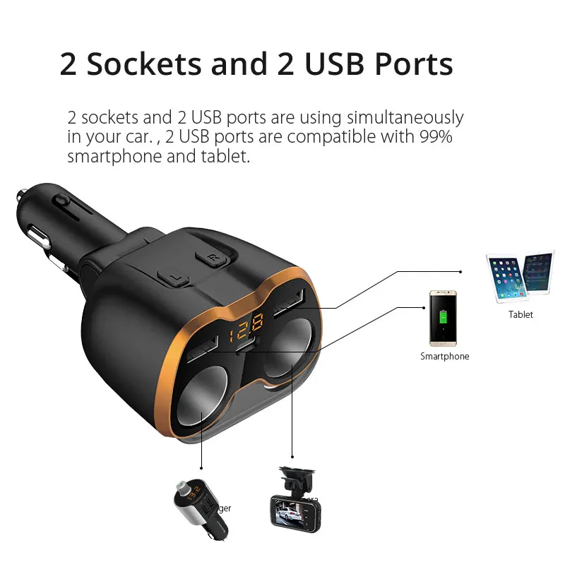 VANJEW C46, 2 usb порта, автомобильный прикуриватель, автомобильное зарядное устройство, адаптер питания, разветвитель, адаптер питания, Обнаружение напряжения, 2 гнезда