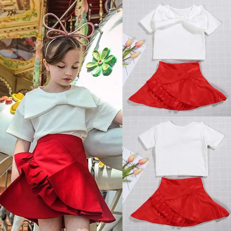 Малышей Одежда для детей малышей девочек футболка Топы с бантом красная юбка
