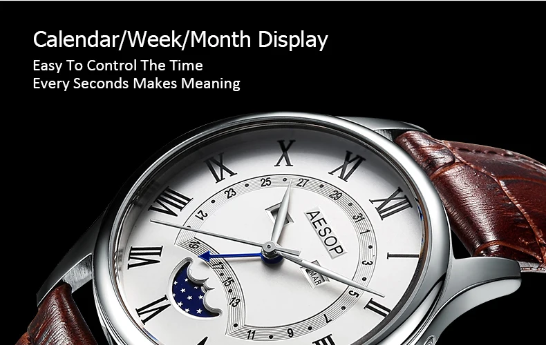 AESOP thinness 9 mm classic style Watch Men Quartz Moon Phase Male Clock Genuine Leather Relogio Masculino hour new arrival