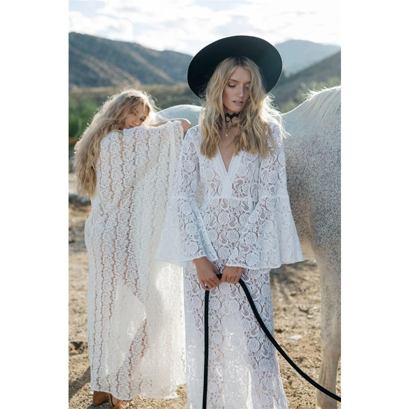 Женское кружевное пляжное платье-парео накидка на бикини с расклешенными