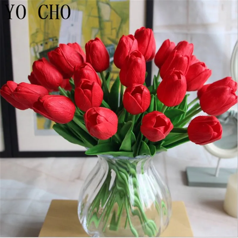 

YO CHO 31pcs/lot Artificial Mini Tulip Real Touch Wedding Flowers Bride Bouquet For Home Party Decoration PU Fake Flower
