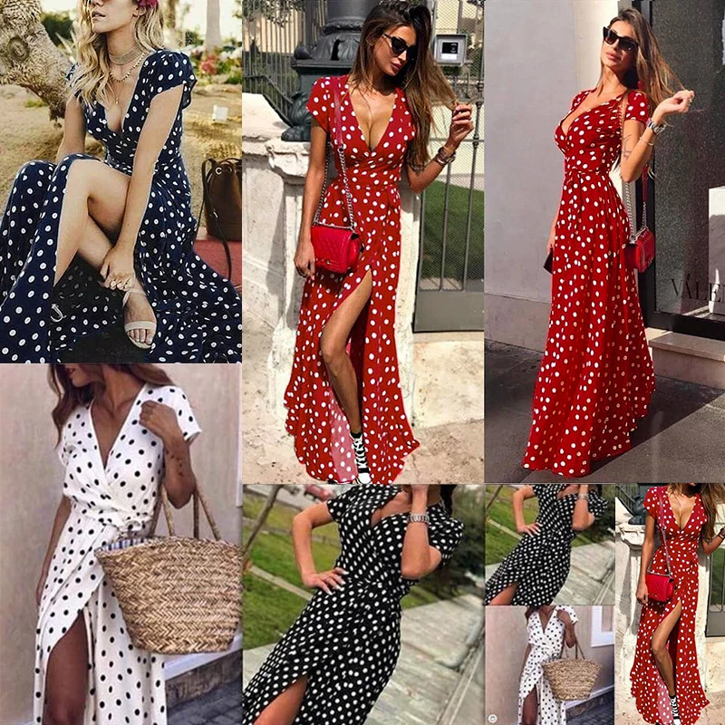 Платье женское длинное в горошек с коротким рукавом и V-образным вырезом | Женская