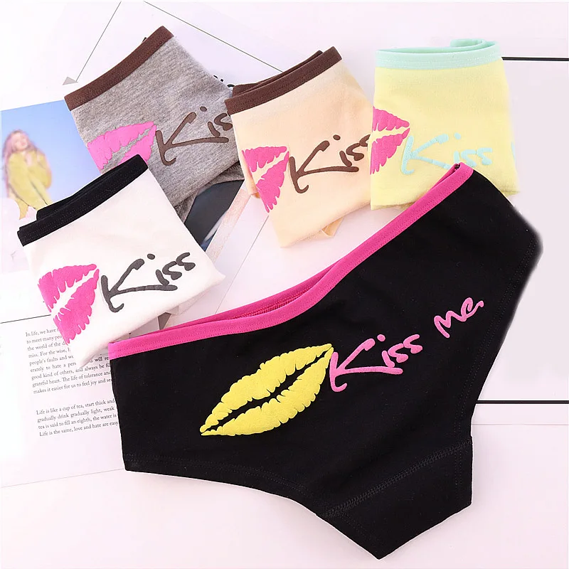 Лидер продаж, трусы с буквенным принтом «Kiss Me» для девочек, нижнее белье, хлопковое нижнее белье ярких цветов