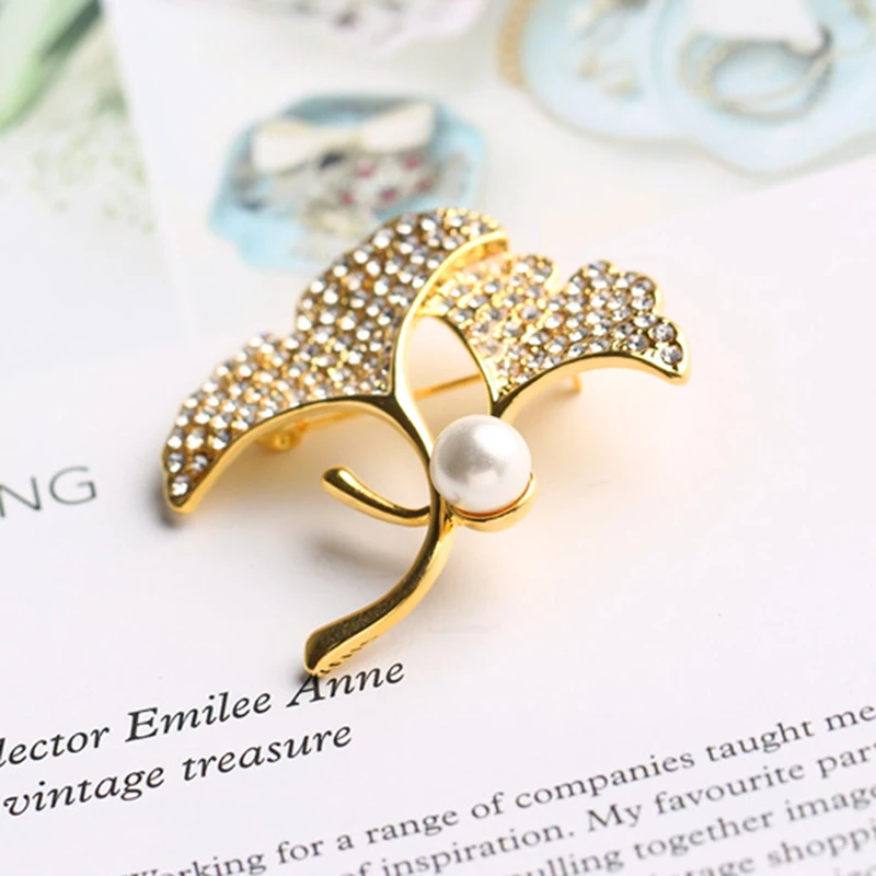 Желтая брошь в форме листа гинкго билоба булавка искусственный жемчуг полный